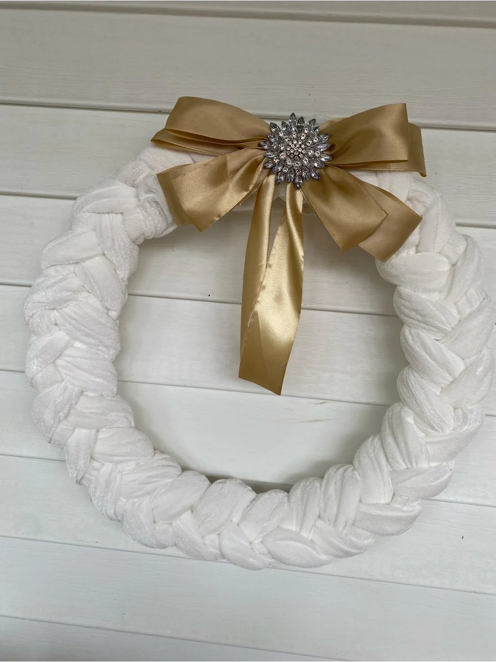 Hand made Elegant White Holiday braided Wreath with Gold Bow on scarf or coat.
